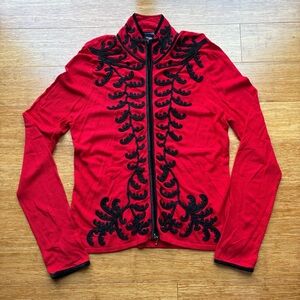 Boston Proper Red Zip Front Jacket with Black Embroidered Trim Sz M